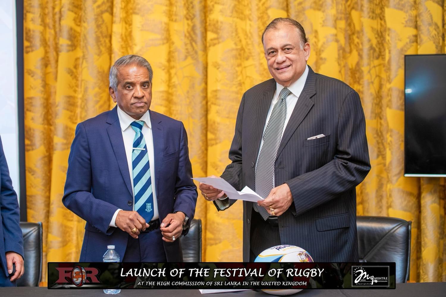 Guests posing with Sri Lankan and United Kingdom flags at the Festival of Rugby launch